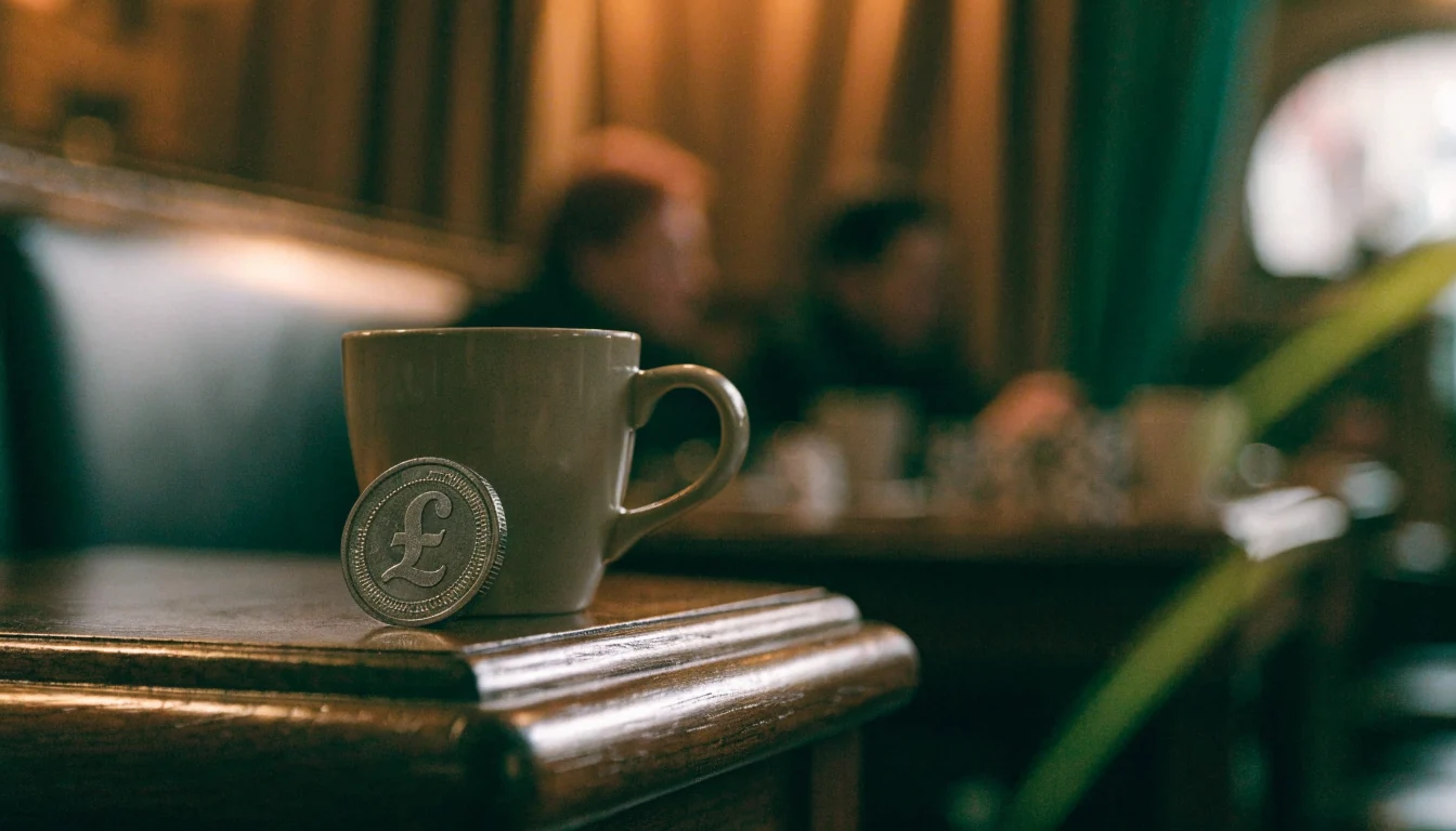 A single British one-pound coin on a pub table with tea and poker chips.