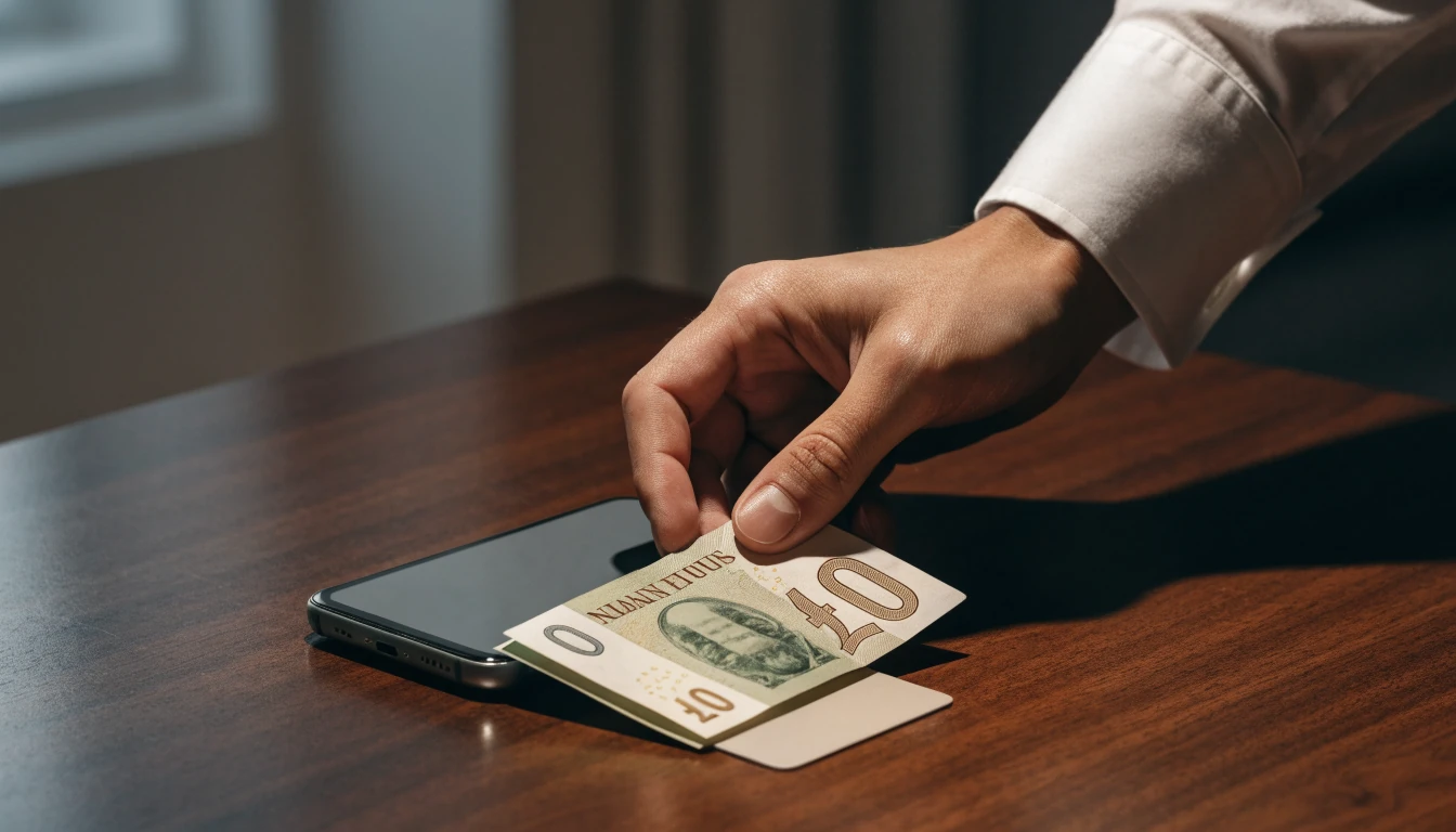 A £10 note beside a blank smartphone and payment card on a table.
