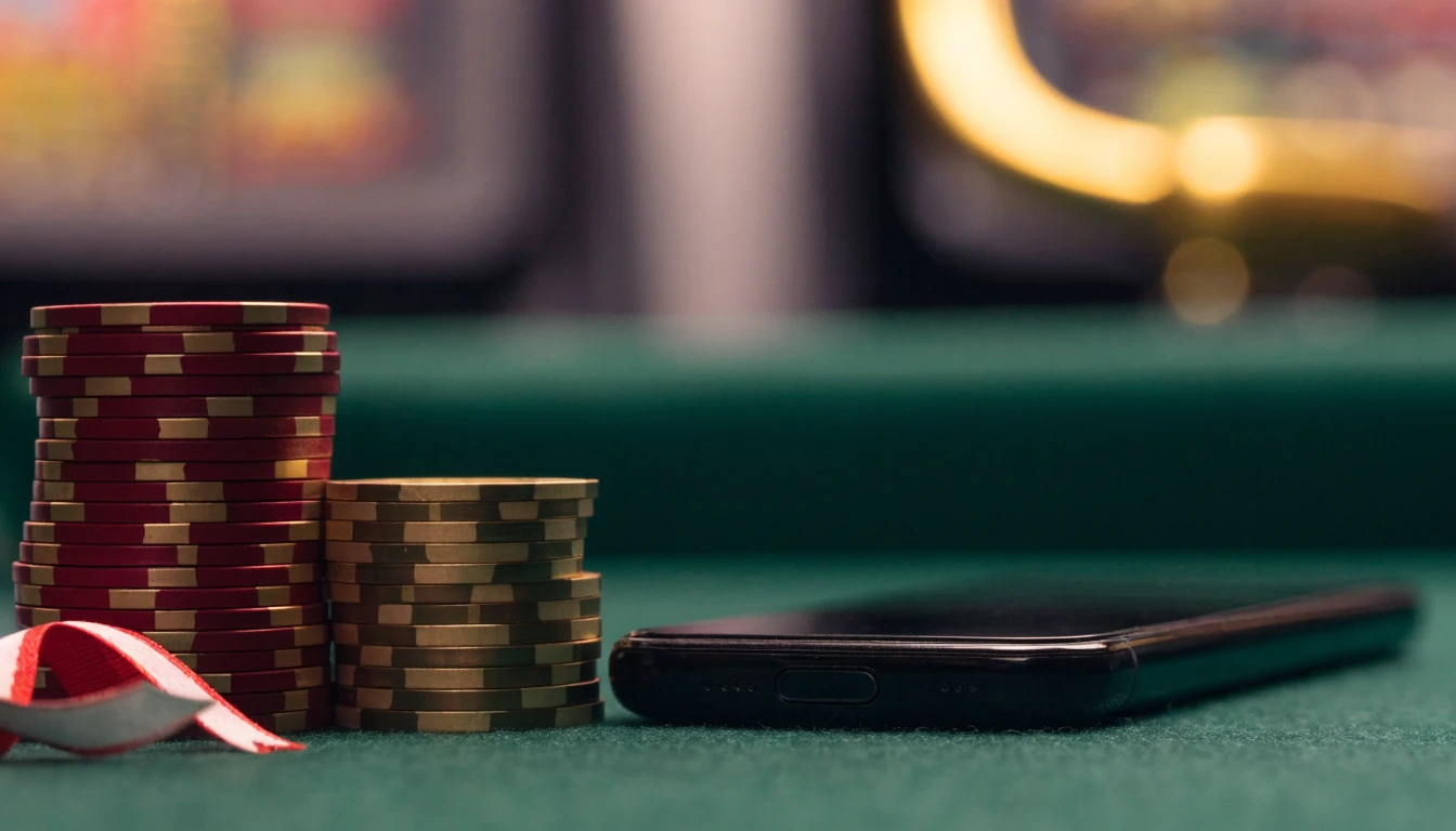 Face-down phone, casino chips and slot handle on a green table