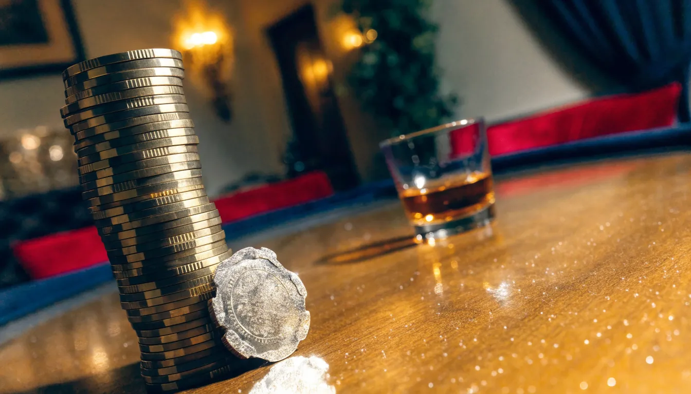 Golden casino chips and a whisky glass on a polished UK casino table