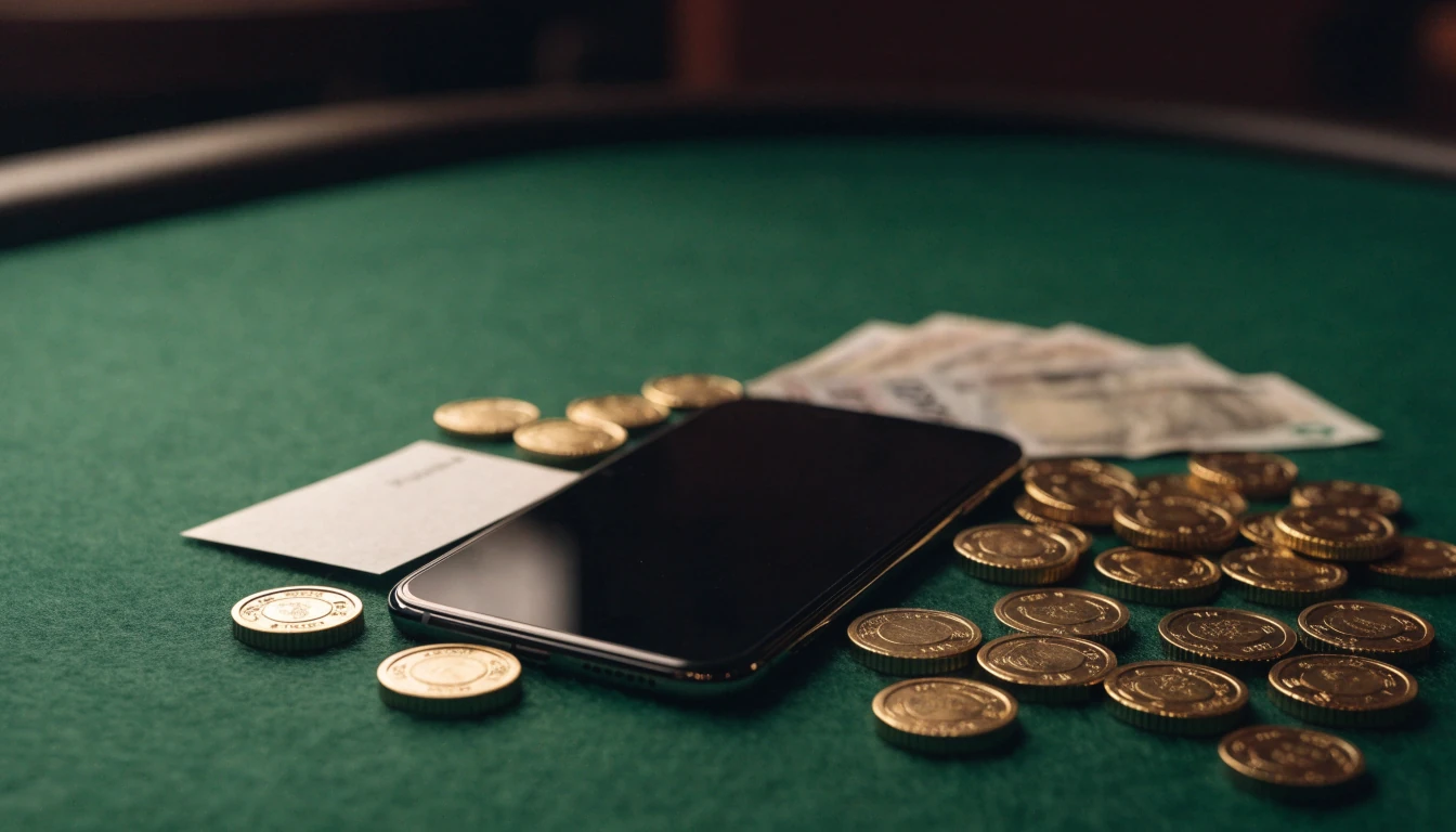 Face-down phone, gold tokens, voucher and pounds on a casino table