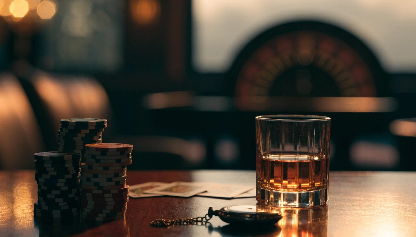 Casino chips, playing cards, and whisky glass on a mahogany table in warm British lounge lighting