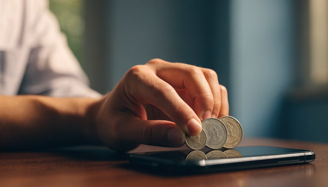 Three pound coins beside a closed smartphone on a table