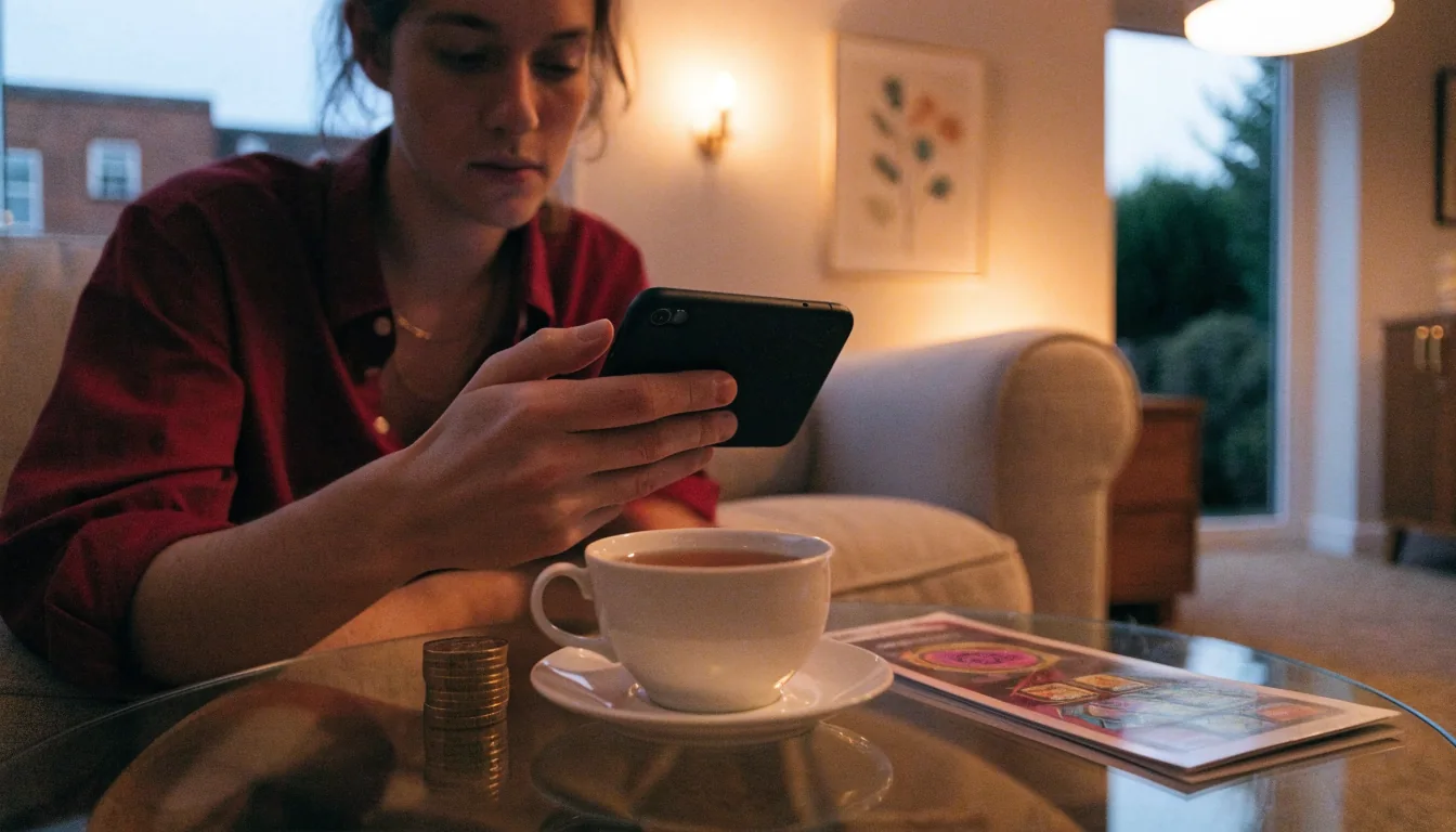 Person relaxing at home with smartphone, tea, and coins on a table
