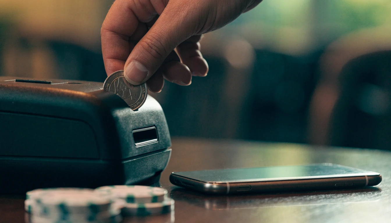 A player deposits a £4 coin beside a face-down smartphone and casino chips.