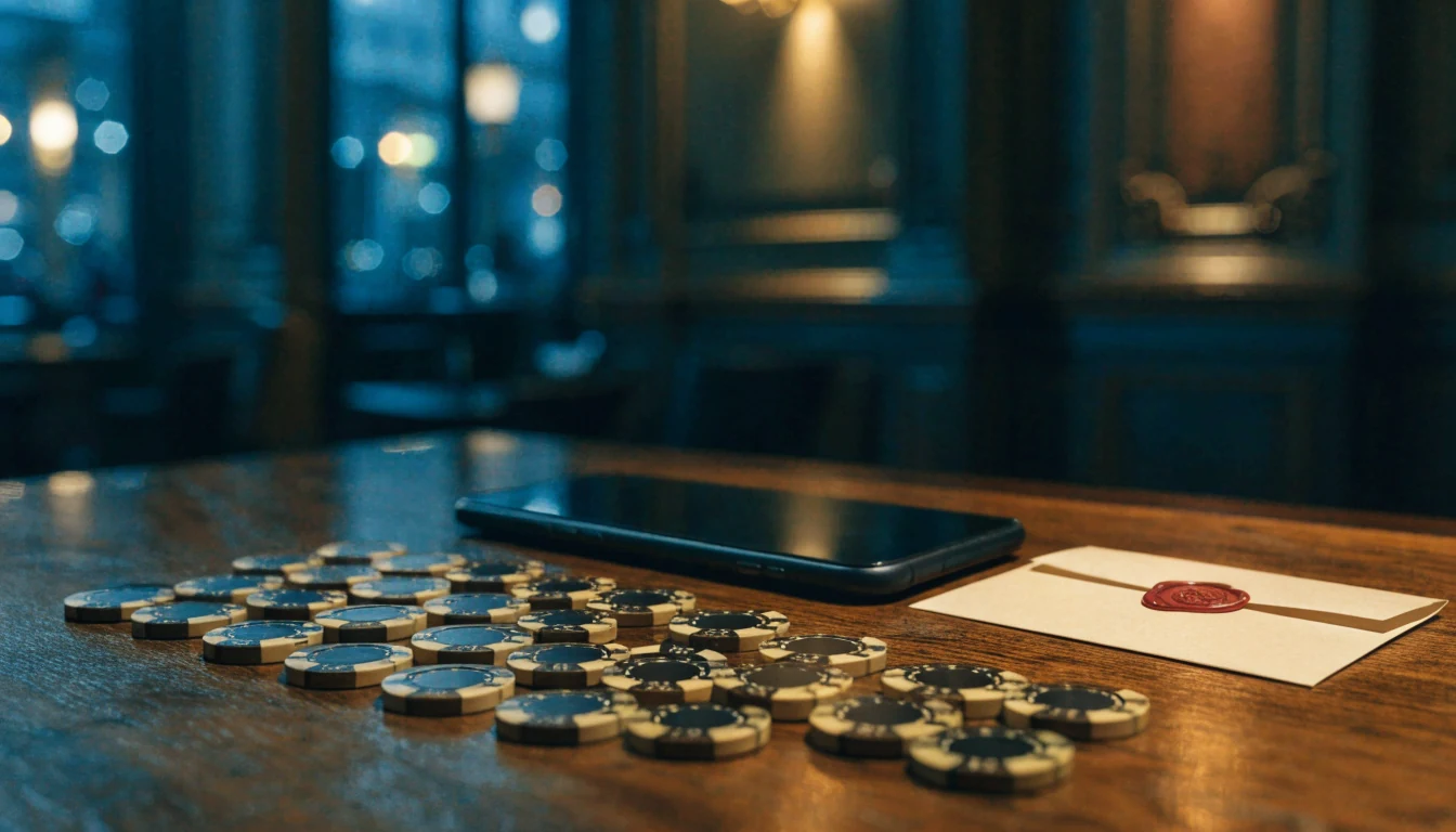 Forty casino chips beside a closed phone and empty envelope in a UK casino lounge