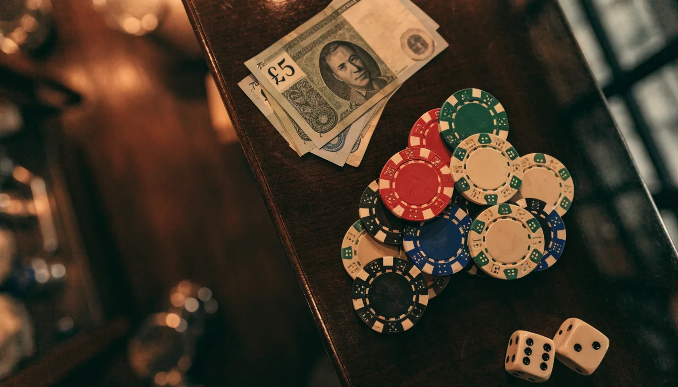 British five-pound notes next to a small pile of casino chips on a wooden table in warm lounge lighting.