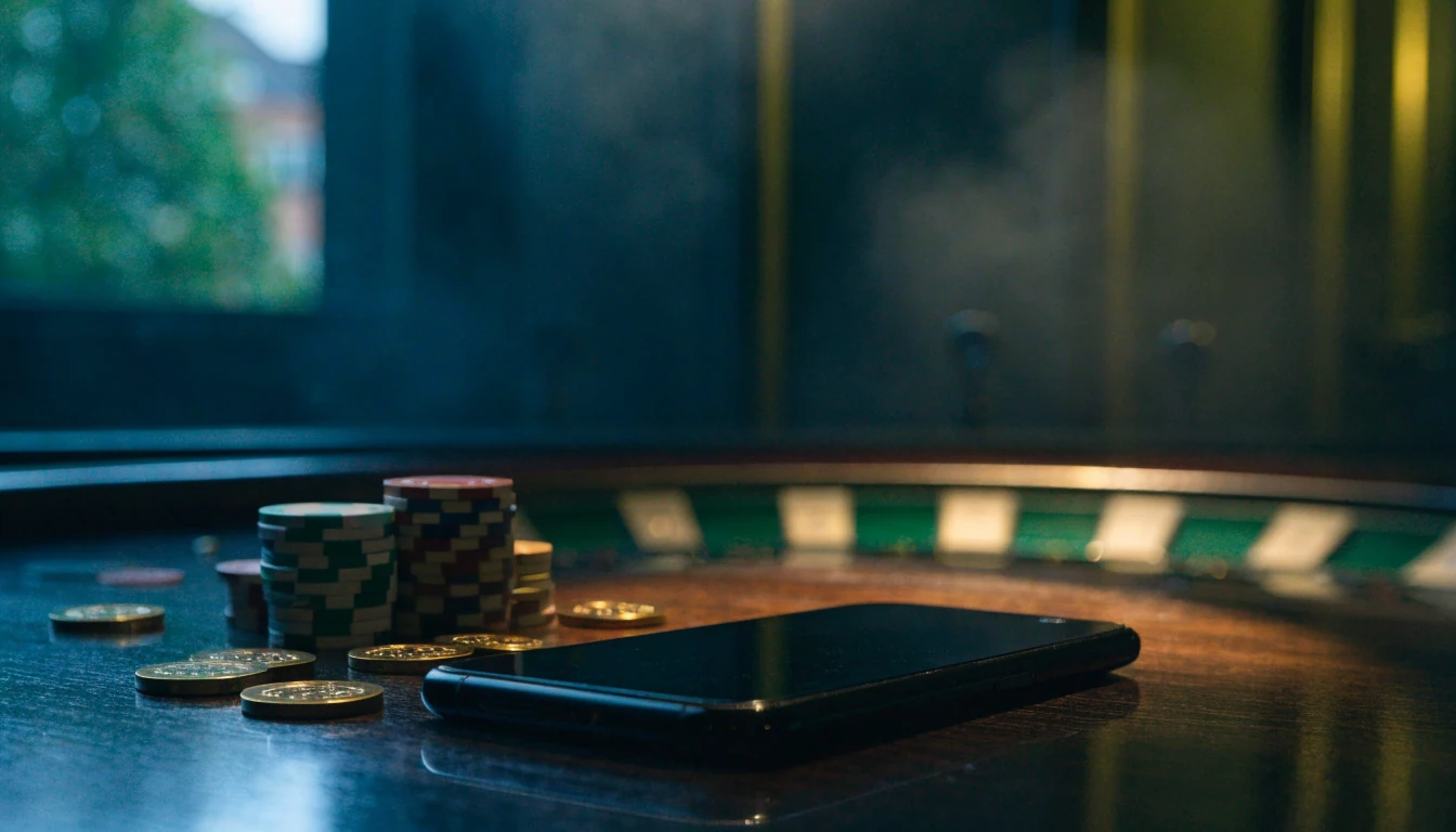 Face-down smartphone with casino chips in elegant UK-themed composition