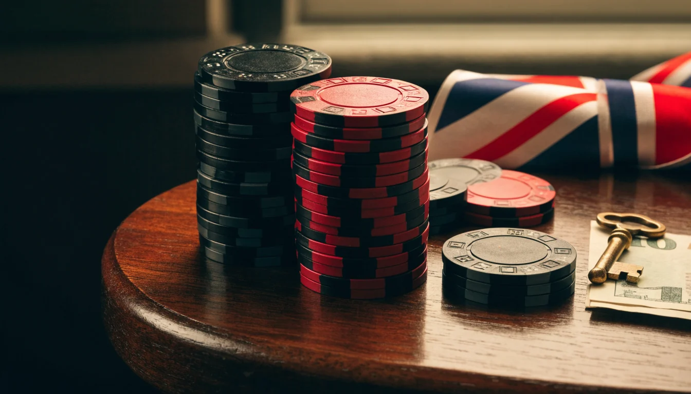 Sixty casino chips, hidden banknote and key on a UK-themed table