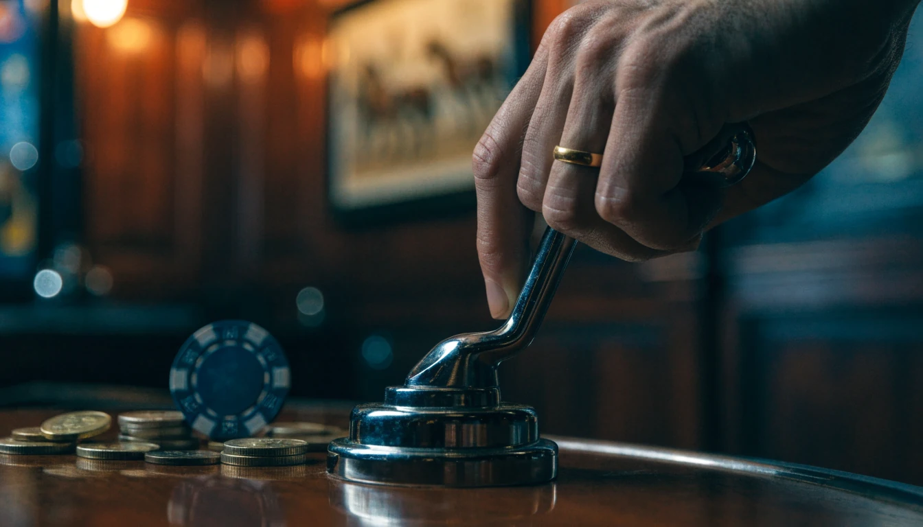 Hand pulling a chrome slot lever with gold coins on a dark wood bar top