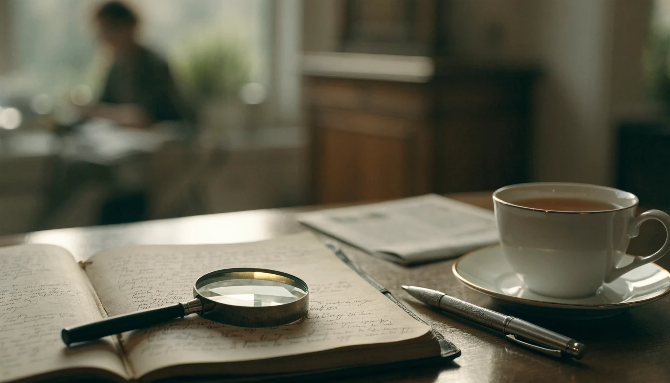 Notebook with magnifying glass on a desk symbolising editorial fact-checking