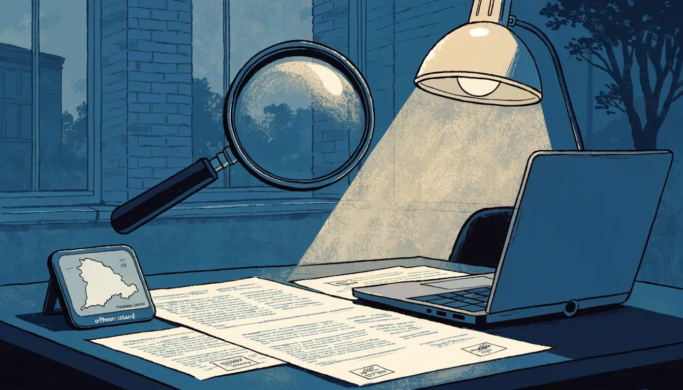 Conceptual illustration of a regulatory license badge next to a closed laptop under a desk lamp.