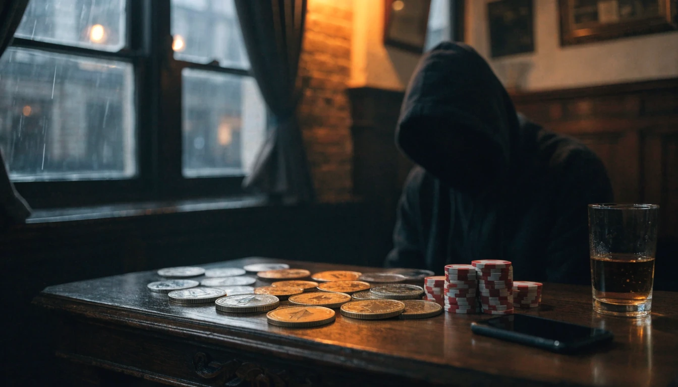 Hooded figure at a British pub table with crypto tokens, casino chips, and face-down phone