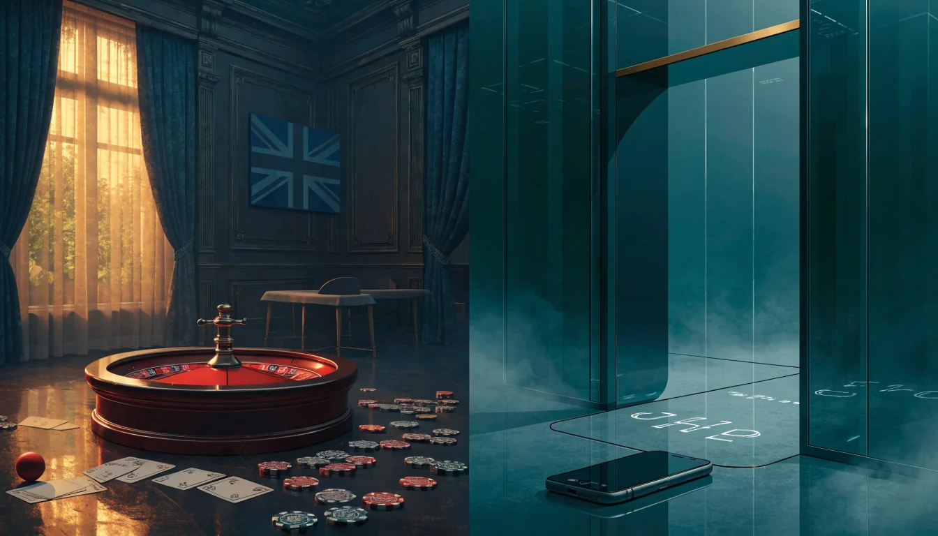 UK casino comparison scene with roulette props and two contrasting platform settings
