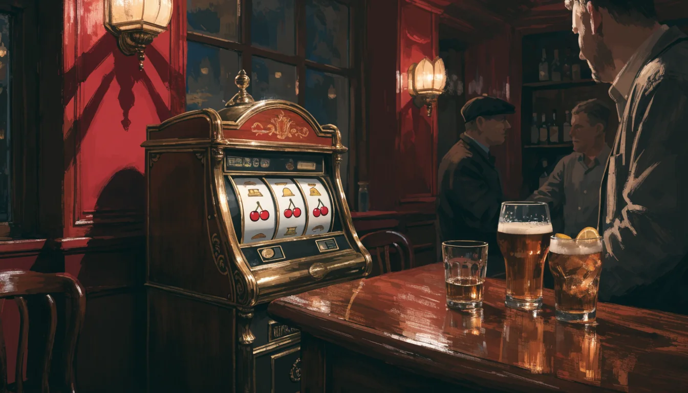 Vintage British pub with a classic three-reel slot machine in warm amber lighting