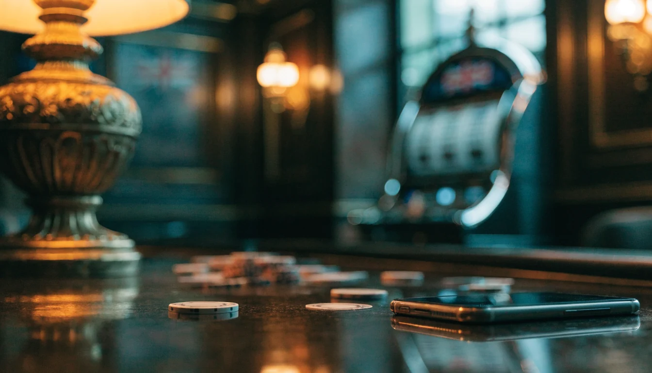 Five-reel slot machine in a refined UK casino lounge