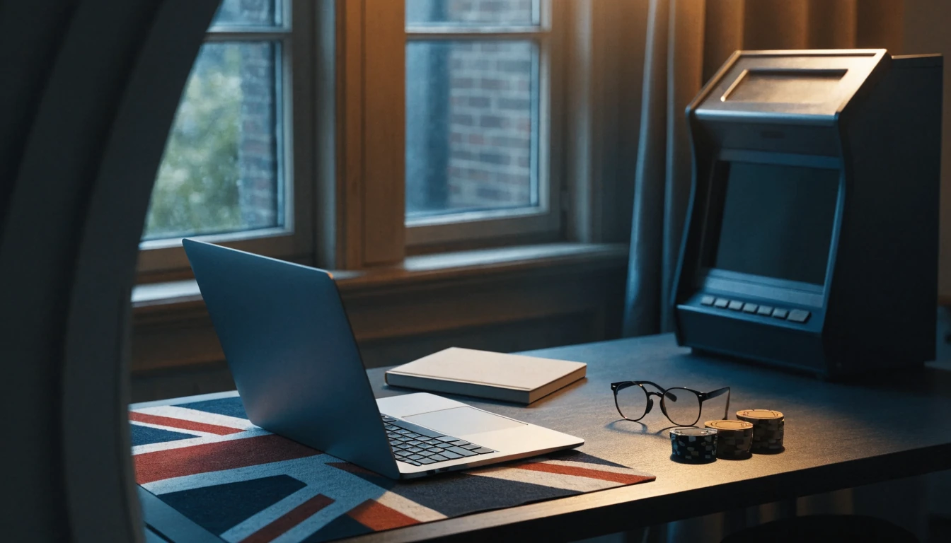 British desk scene with laptop, casino chips, and hidden slot machine screen
