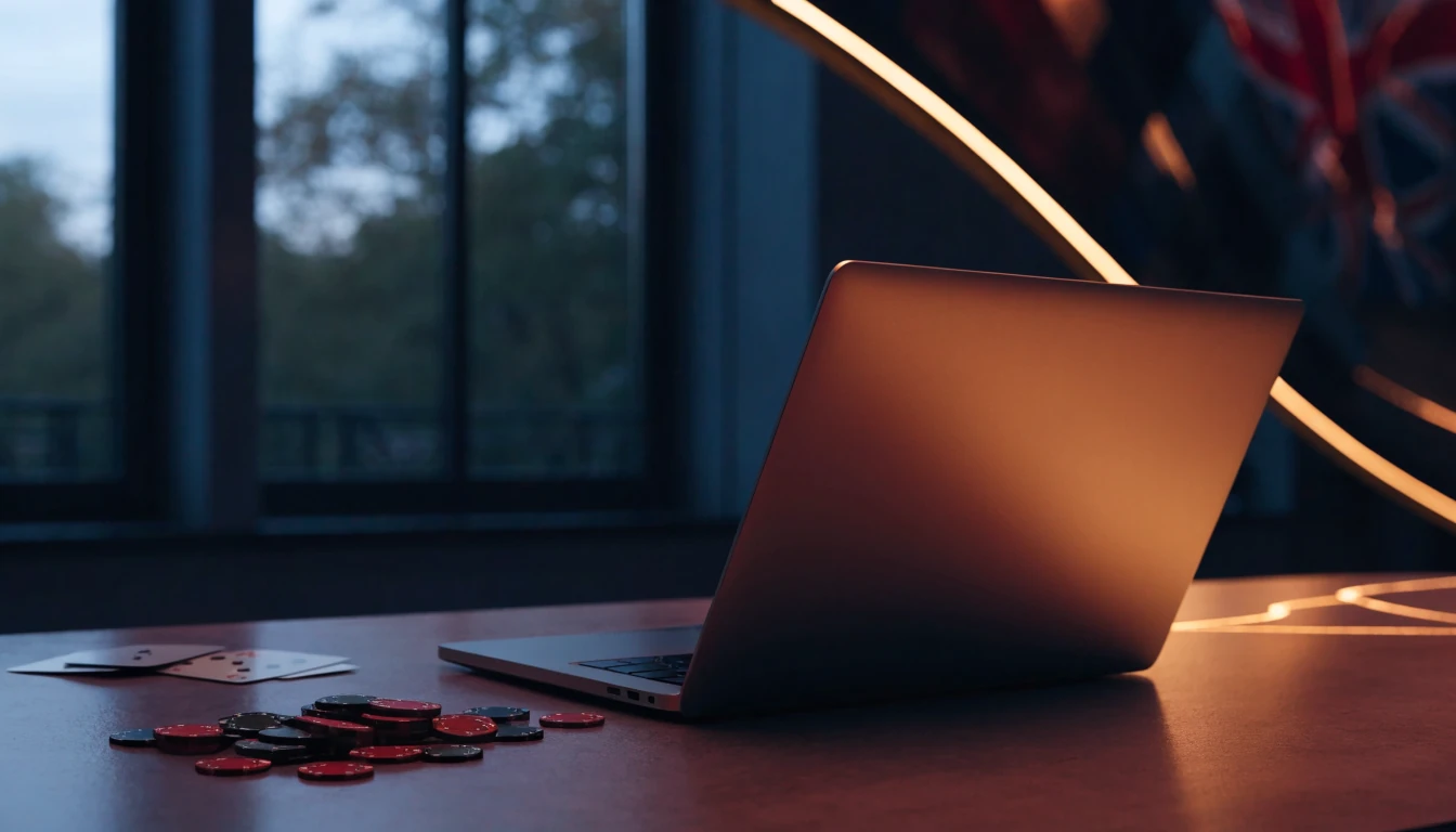 Elegant UK casino lounge with closed laptop and subtle gaming details