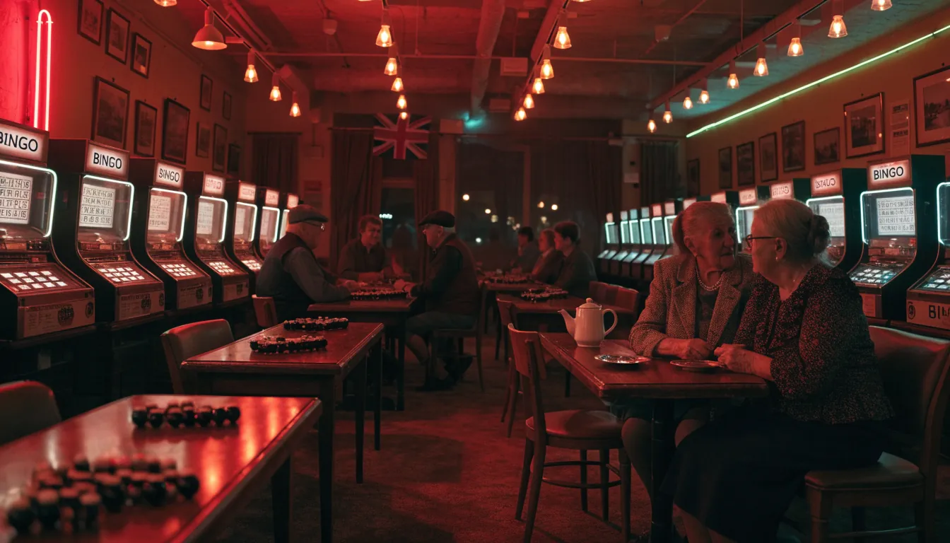 Warm interior of a traditional UK bingo hall with glowing machines and players