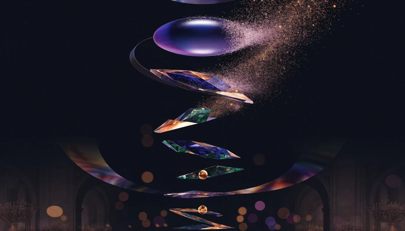Jewelled symbols falling and dissolving in a premium casino atmosphere