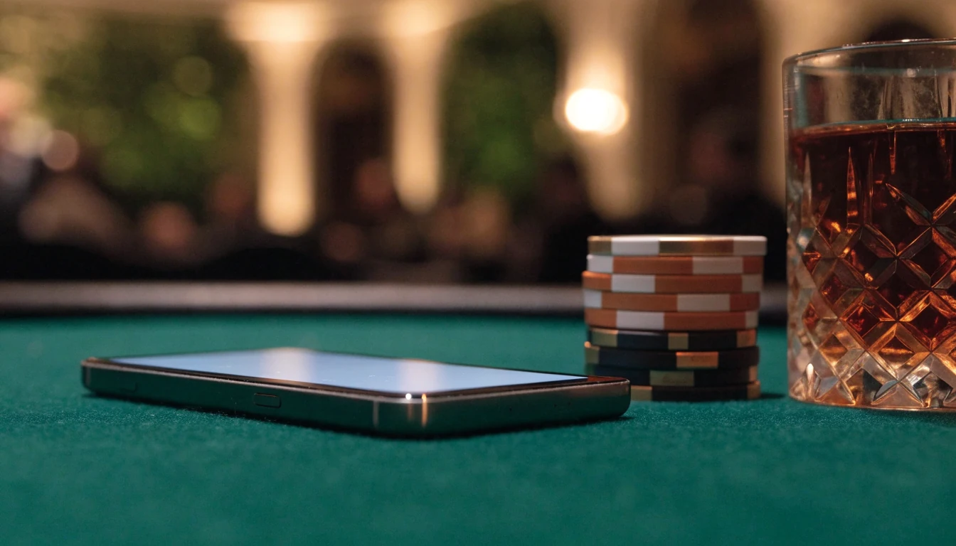 Smartphone on green felt table with poker chips and whiskey in elegant lounge setting