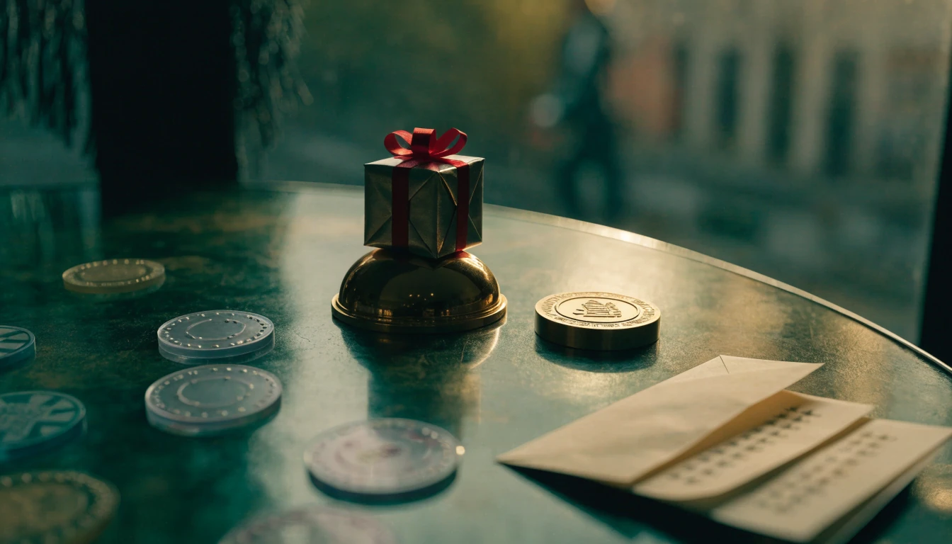 Elegant UK casino welcome bonus gifts and tokens on a green tabletop