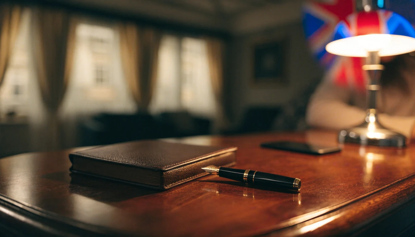British-themed online casino desk scene with phone face-down