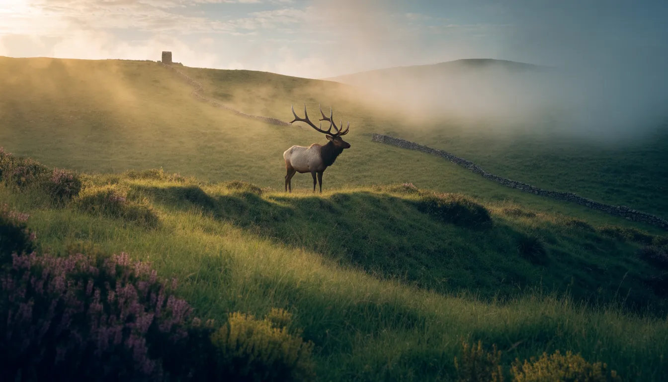 Majestic elk standing on a misty British hillside at dawn with ancient stone walls.