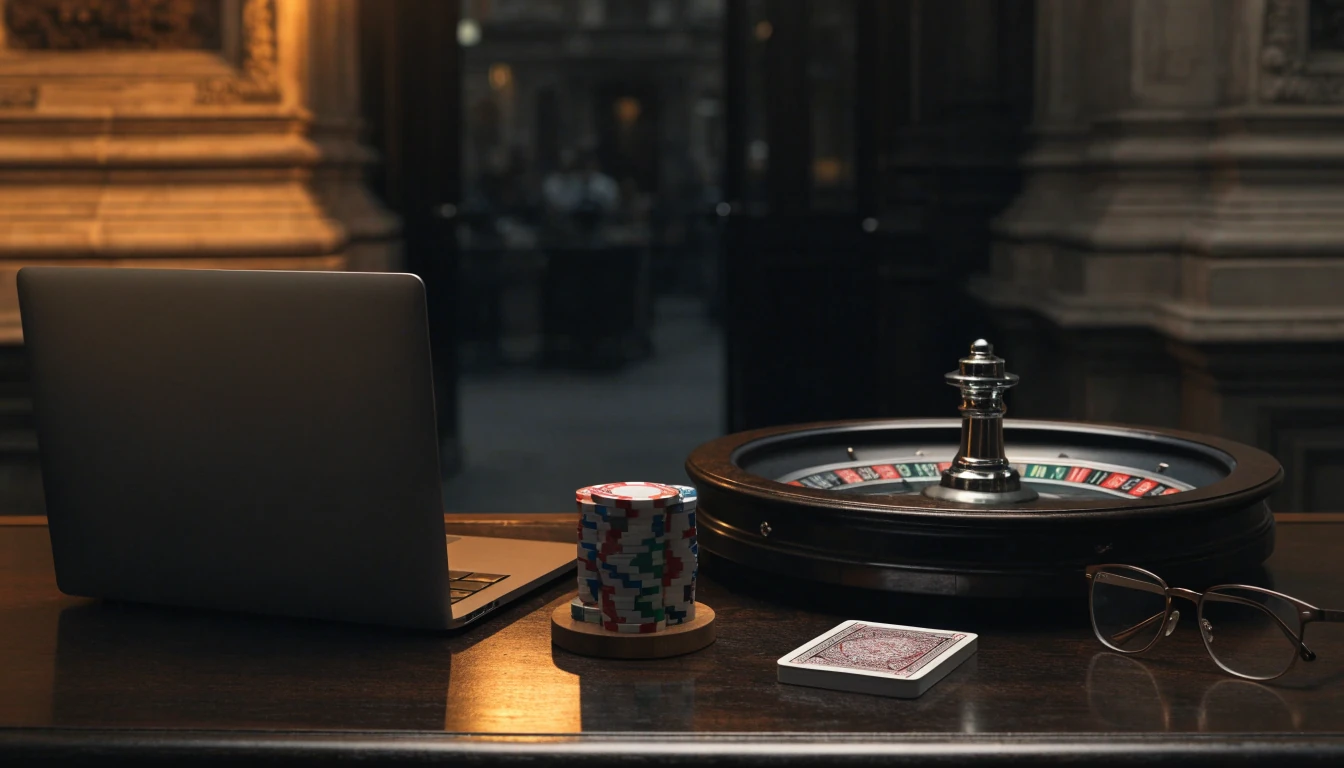 British casino-themed desk with hidden laptop, chips, cards, and roulette wheel