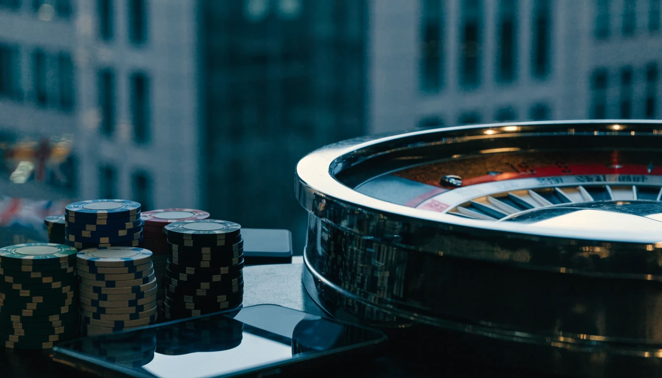 Elegant UK casino tabletop with roulette wheel, chips, and hidden smartphone.