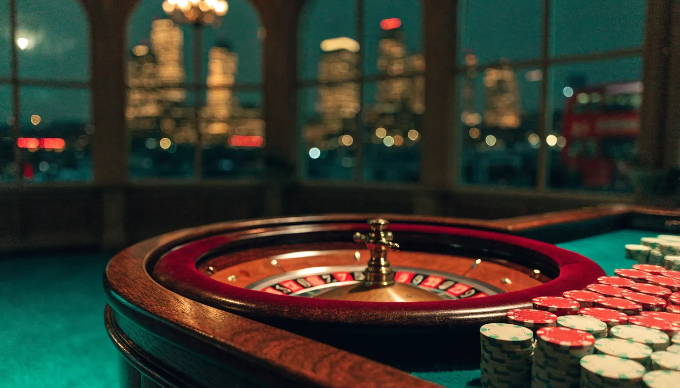Elegant British casino interior with roulette wheel, chips, and London skyline at night
