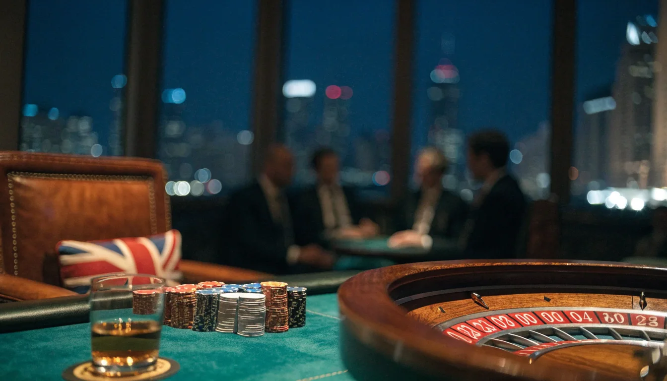 Elegant foreign casino lounge with roulette table, chips, and Union Jack cushion.