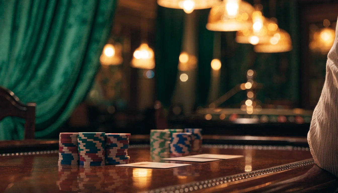 Elegant UK casino lounge with stacked chips, playing cards, and roulette wheel under warm amber lighting.
