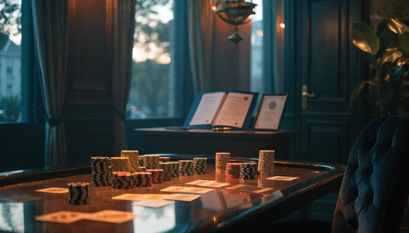 Elegant London high-roller casino table with chips and regulatory documents