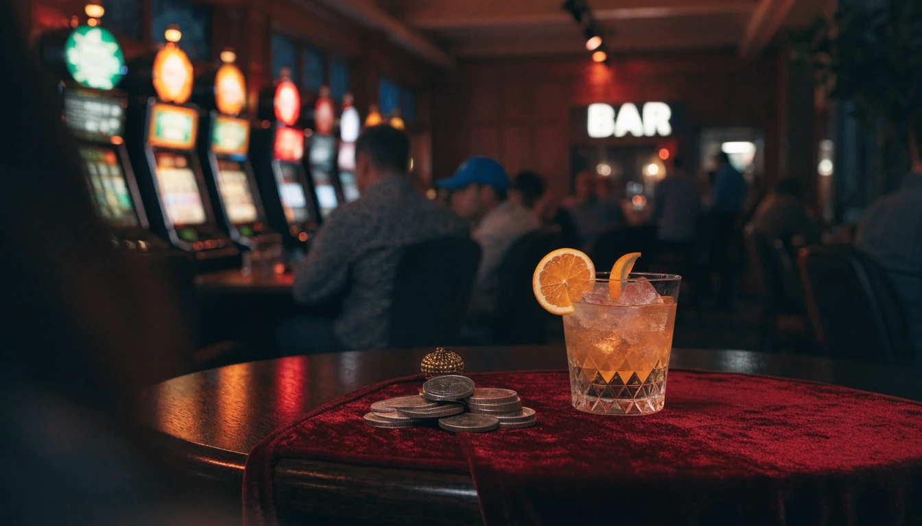 Dim UK casino lounge with glowing slot machines and a cocktail on the table