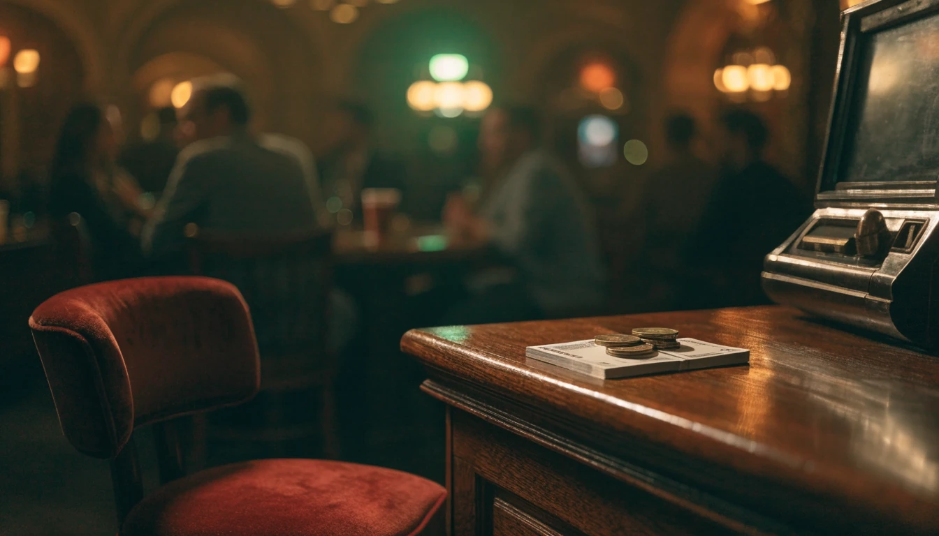 Atmospheric London casino lounge with stacked chips and pounds on a wooden counter.
