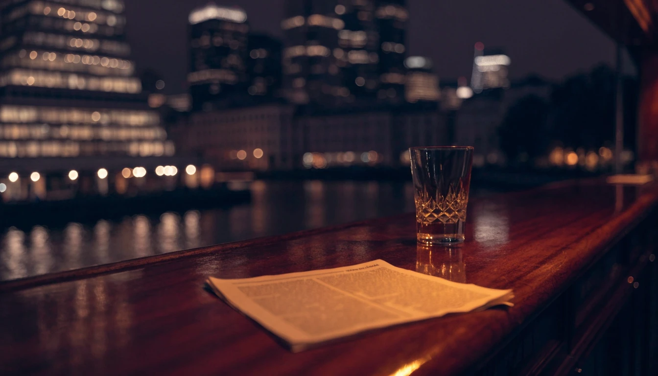 Stylised London nightscape with warm bar counter in foreground