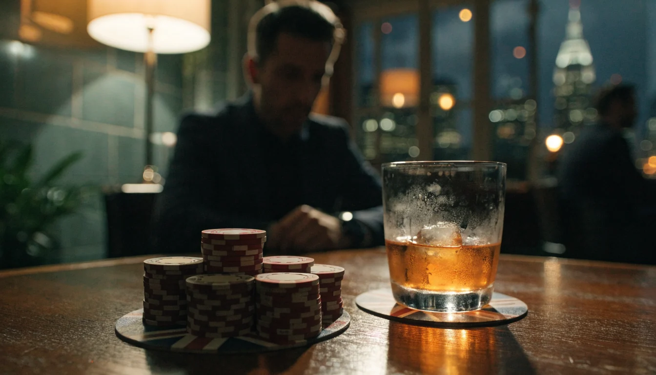 Polished casino table with chips and whisky in a warm British lounge setting