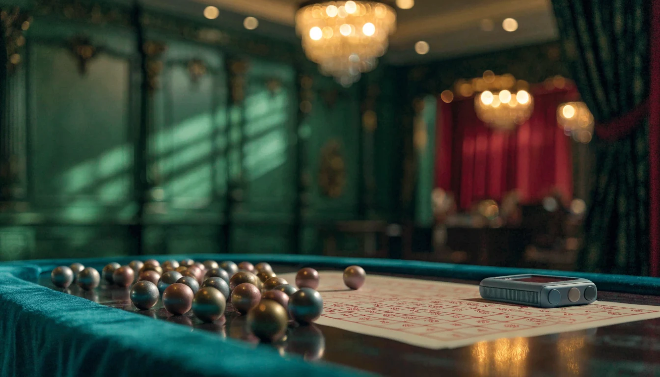 Elegant UK casino keno grid and numbered balls in cinematic lighting