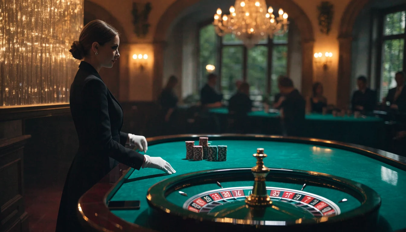 Elegant live casino dealer, roulette table and discreet smartphone in a premium UK studio