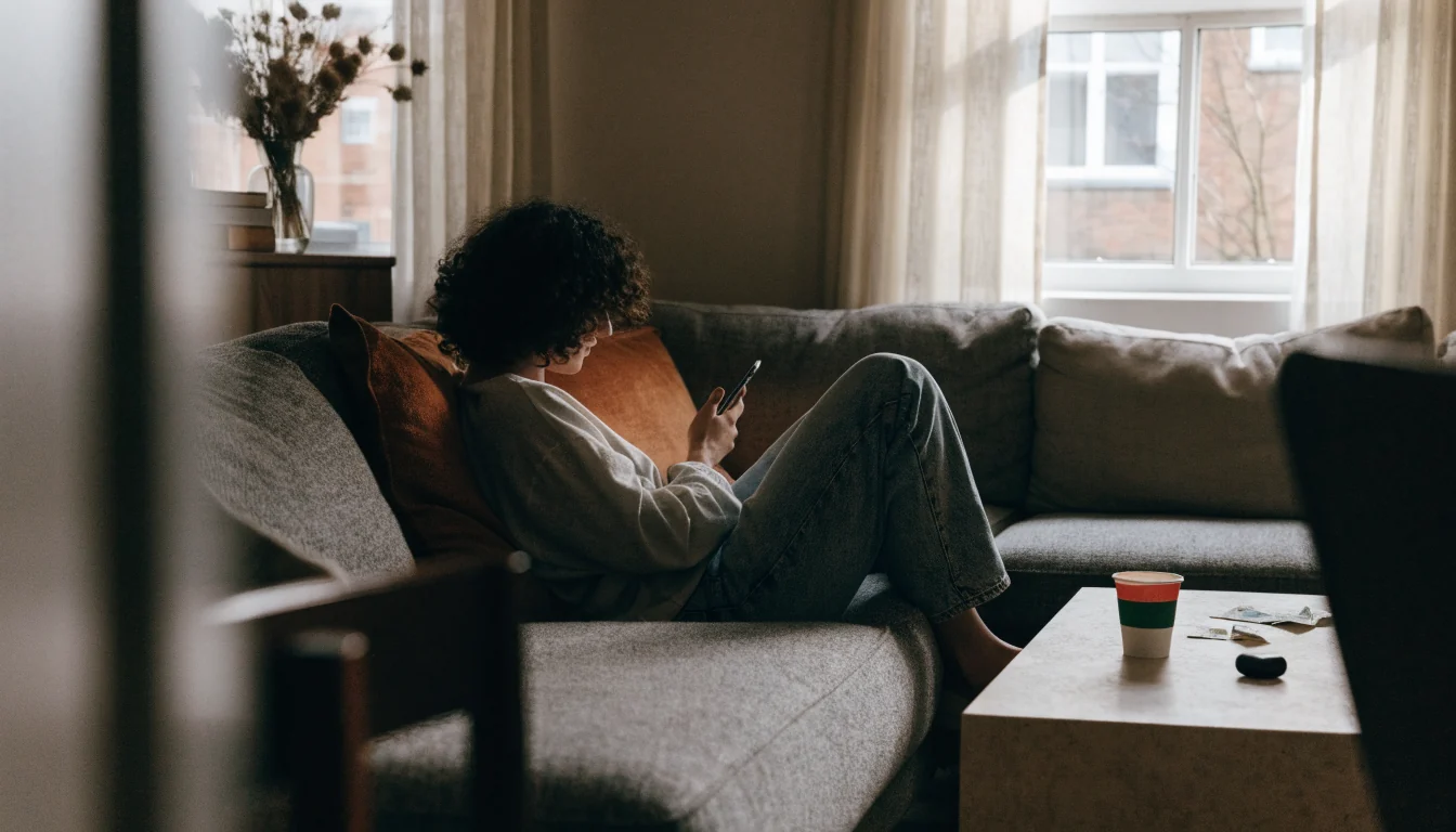 Person holding a smartphone on a sofa in a British living room