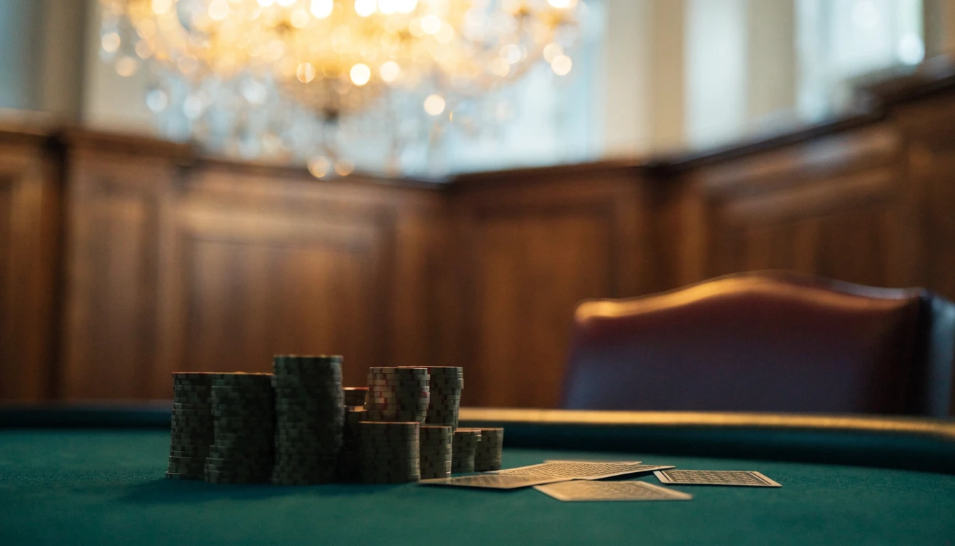 Elegant British casino table with stacked chips and playing cards under warm chandelier light