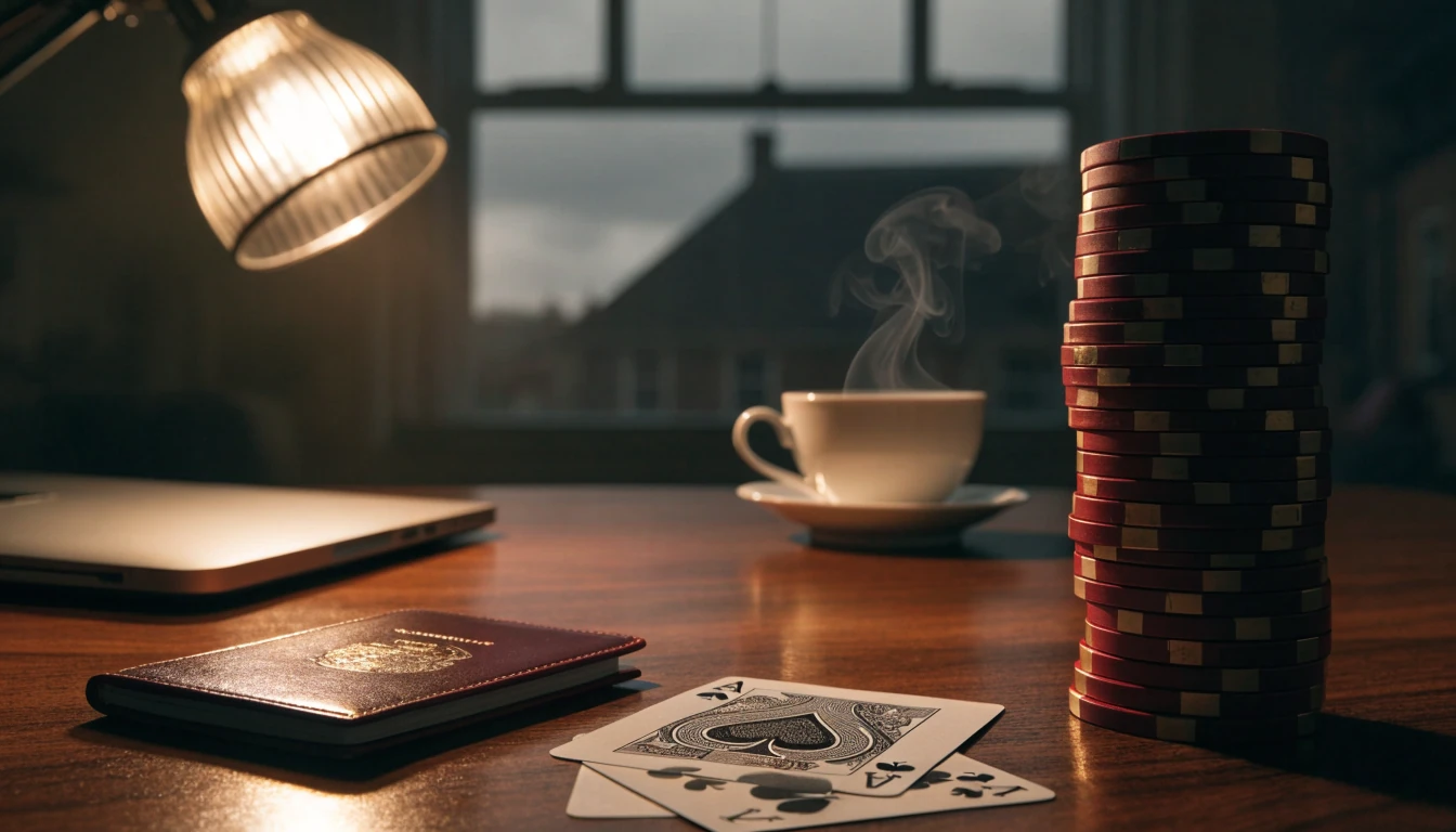 Closed laptop, casino chips, playing cards, passport and teacup on a dark wooden desk
