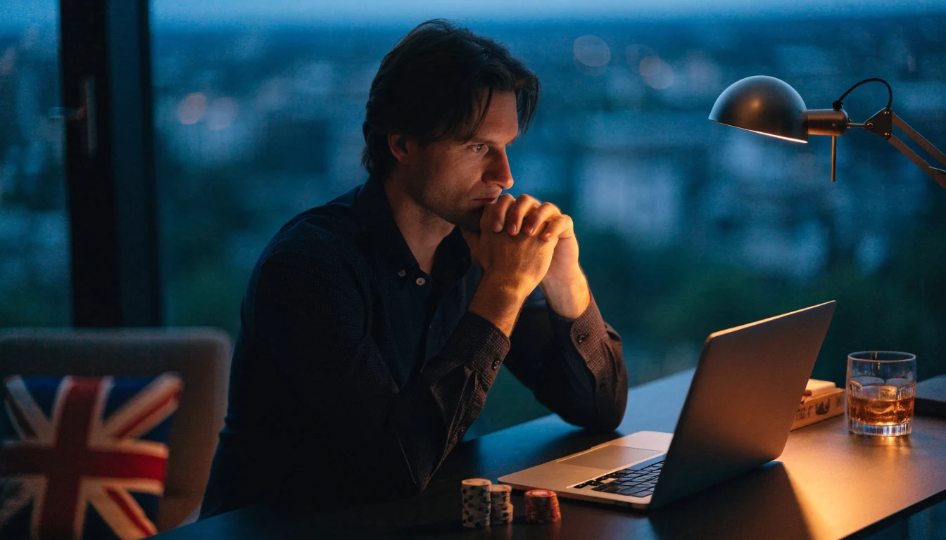 British man at desk with closed laptop, poker chips, and whisky at night