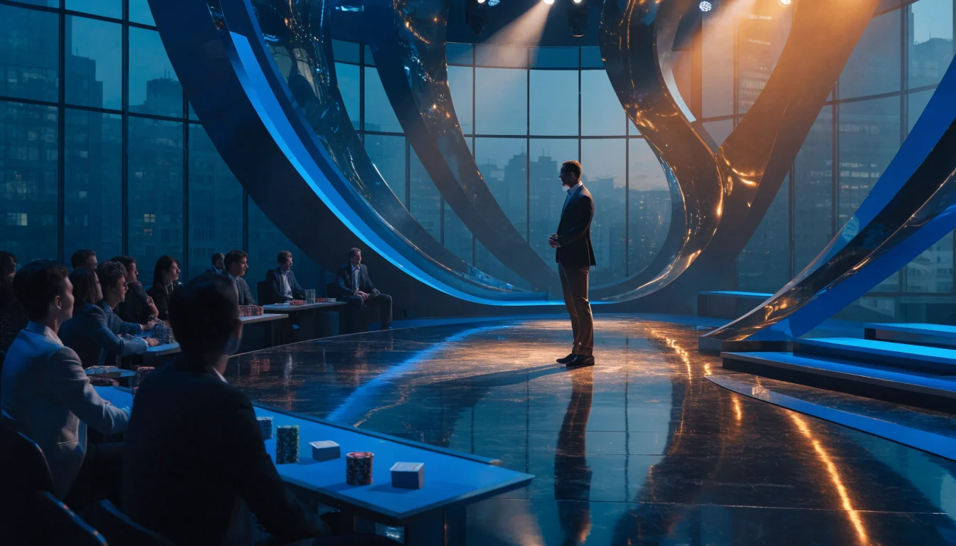 Presenter hosts a premium live casino game show in a modern UK studio