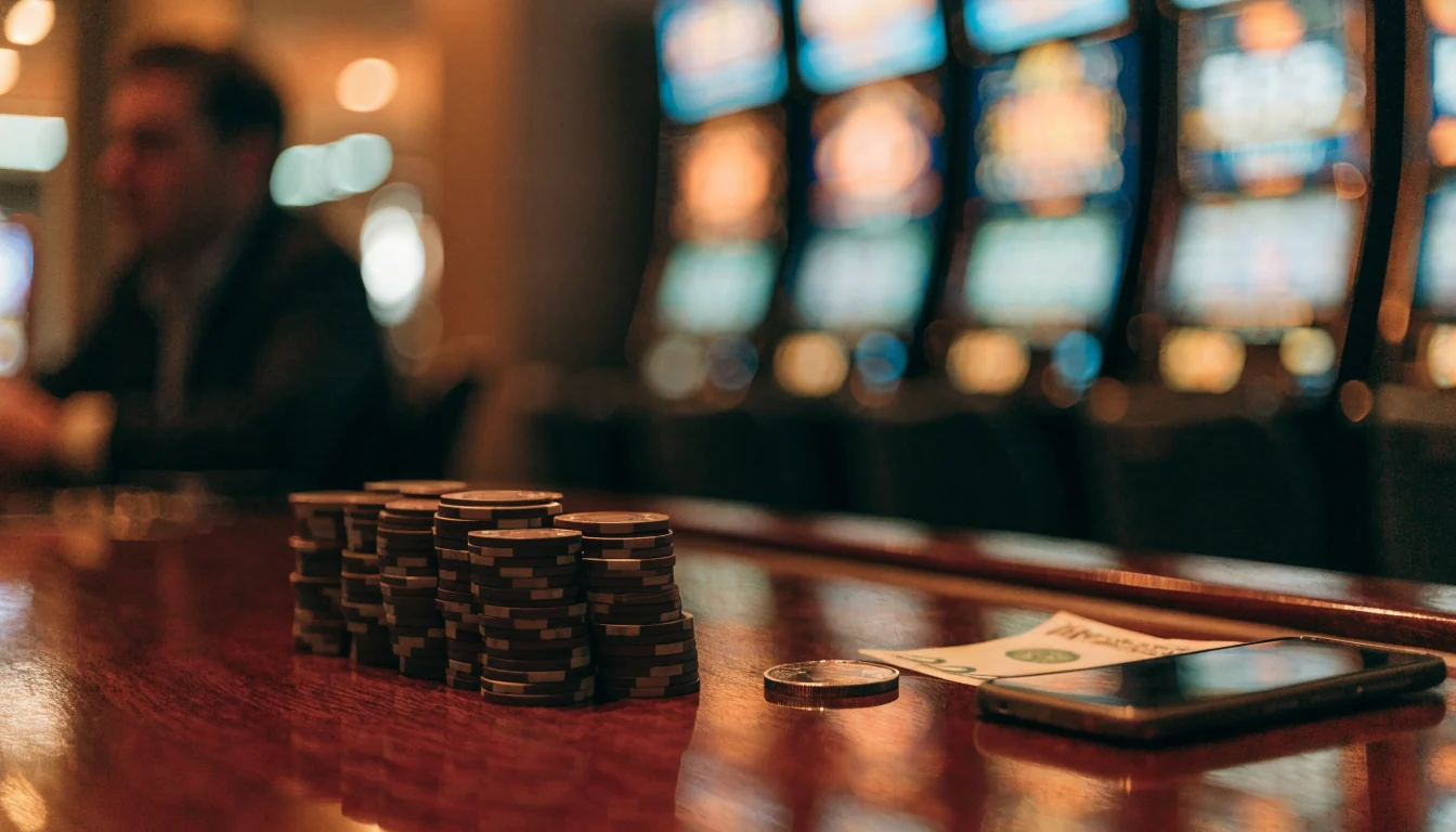 Elegant UK casino table scene with chips, gold coin and a face-down phone