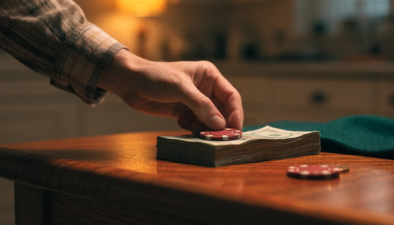 Stack of British pounds with red casino chips on a wooden table