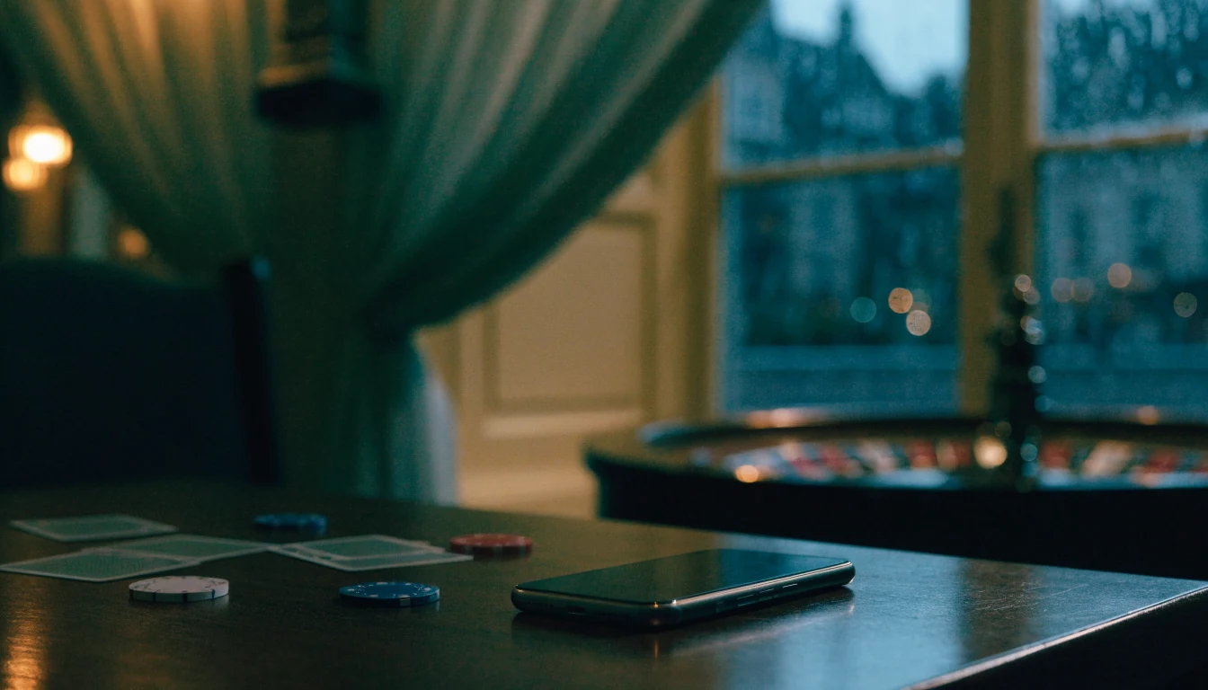 Premium UK casino lounge with a face-down smartphone and jackpot-themed tokens