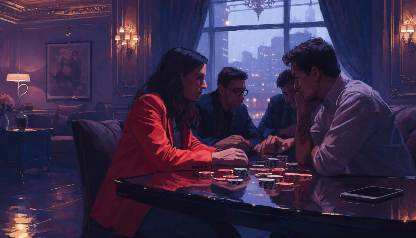 Elegant UK casino lounge with players, chips, and a hidden phone