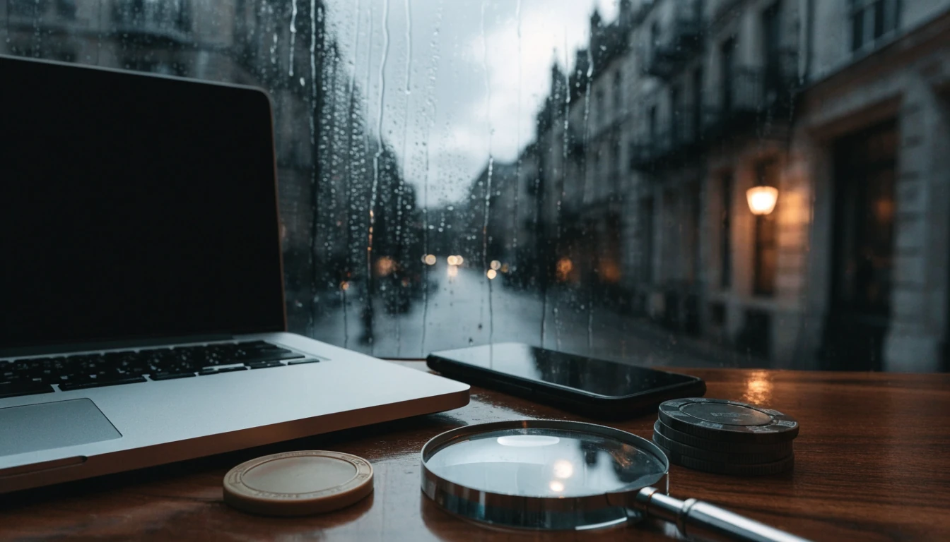 Magnifying glass over casino token beside closed devices by a rainy London window